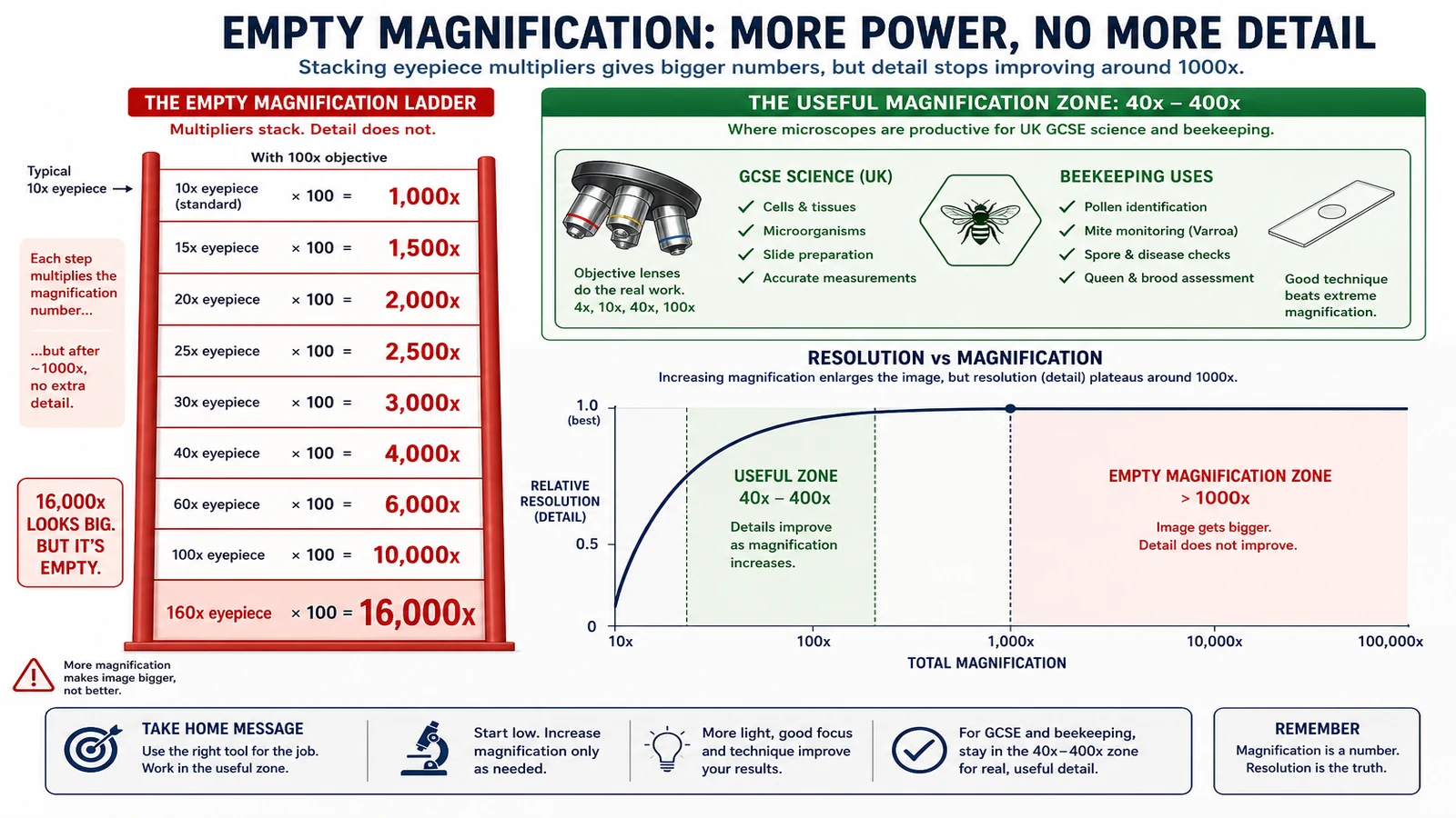 Diagram explaining empty magnification versus useful 40 to 400x range on a compound microscope