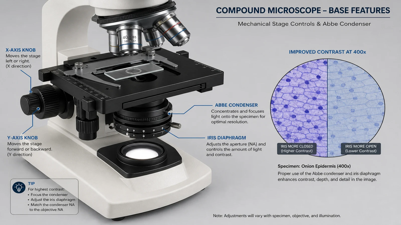 Annotated UK compound microscope showing mechanical stage and Abbe condenser for GCSE and beekeeping use