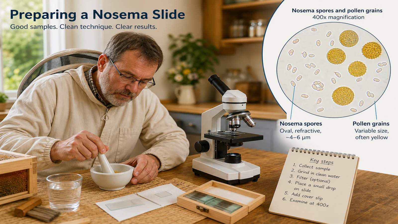 UK beekeeper preparing a nosema slide at a kitchen table with a compound microscope showing oval spores at 400x magnification